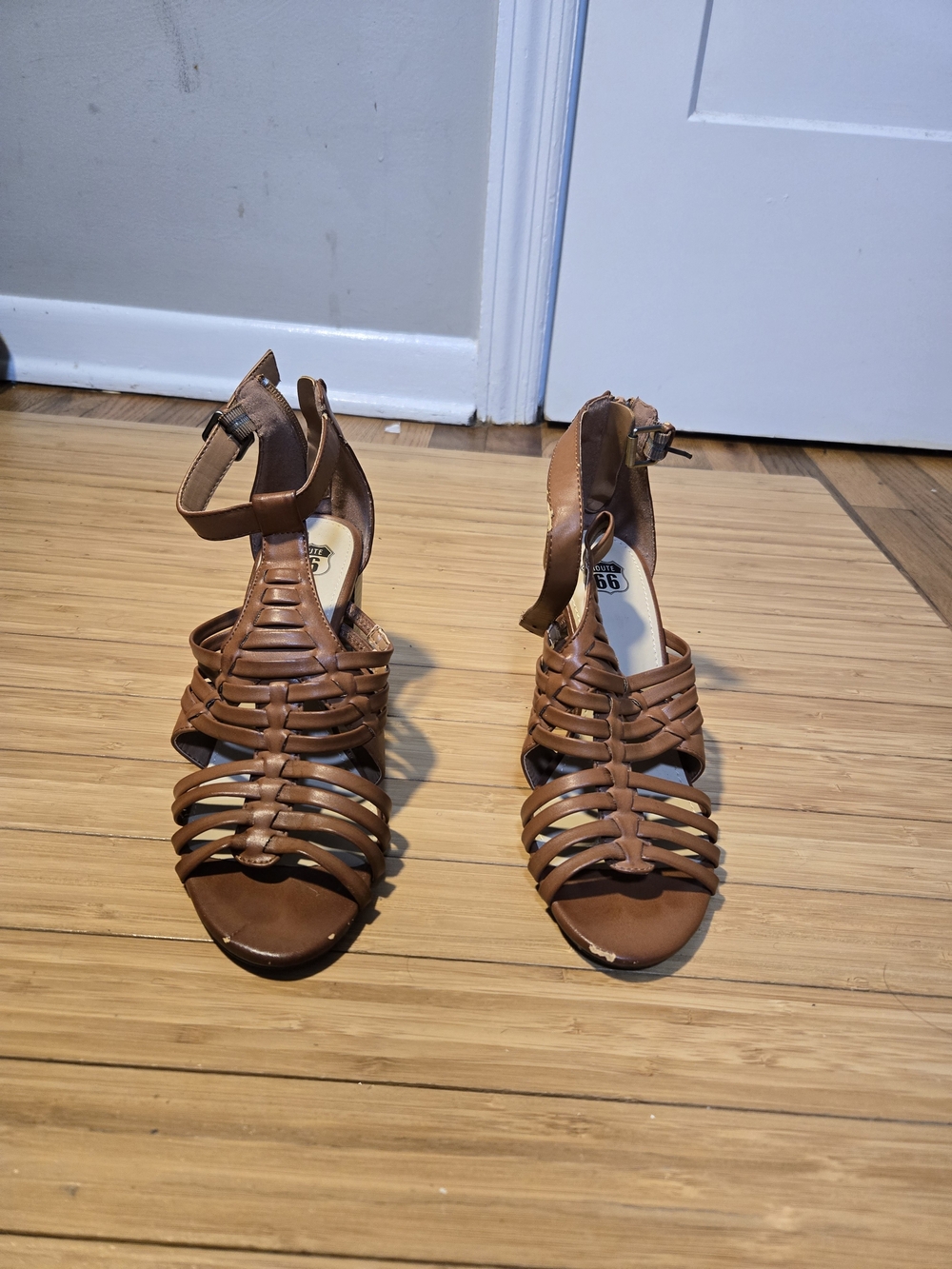 Route 66 Tan Brown Strappy Ankle-Wrap Heels